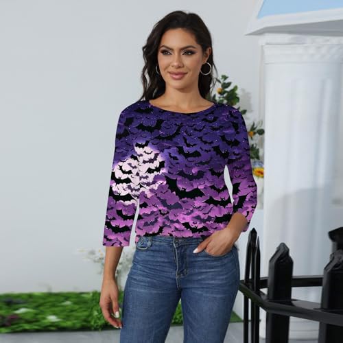 SERYU Halloween Shirt for Women Crewneck 3/4 Length Sleeve Tops Pumpkin Ghost Skull Graphic Party Loose Casual Blouses4