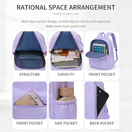 Cute College Backpack for School Aesthetic Backpack for Teen Girls Students Laptop Bag Large Capacity Bookbags Kids Travel Lightweight Backpacks for Casual Daypacks School Bag Solid Color(Purple) by Lamprod - Image 4