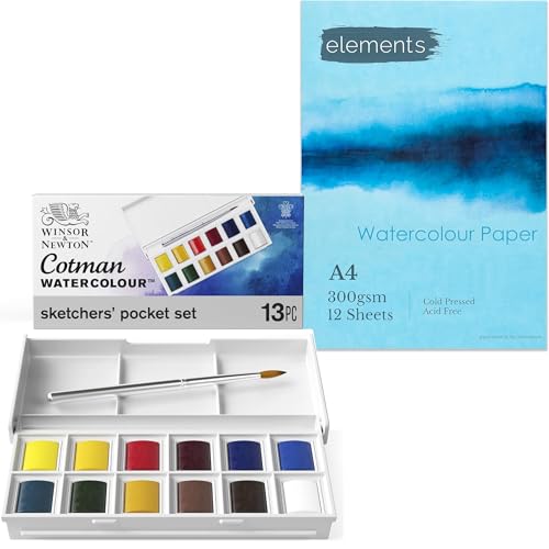 Winsor & Newton, Cotman Watercolour, 'Sketchers' Pocket Set', 12 x Half Pans + 1 x Travel Brush Bundle with Elements A4 Artist Watercolour Paper Pad, (300gsm/140lb), Acid-Free, 12 Sheets - A4