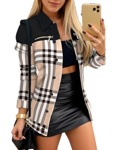 Womens Fashion Plaid Print Coat Casual Long Sleeve Lapel Button Down Fall Color Blocked Slim Fit Jackets Streetwear