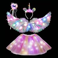 23GUANYI Unicorn Costume, Girls Halloween Costume with Feather Wings Tutu Skirt Magic Wand Unicorn Headband, Unicorn Gifts for Girls for Halloween Cosplay Party