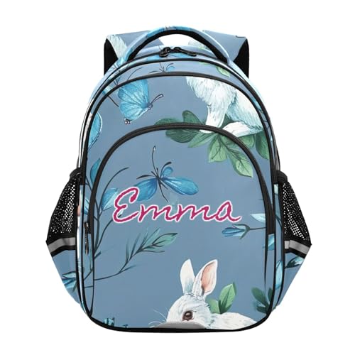 Sac à dos personnalisé pour enfants motif lapin blanc et fleur bleue en taille 15 pouces
