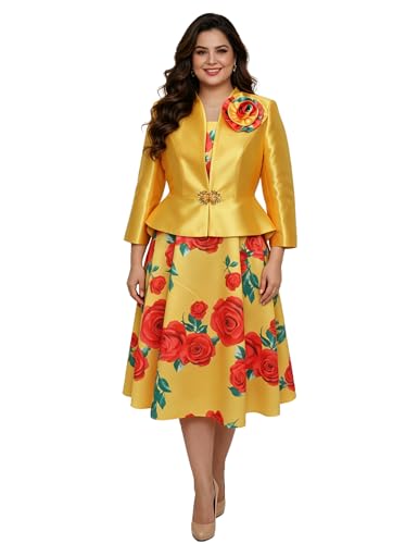 2 Piece Women's Dress Church Suit Geenlinm FASHlON Plus Size Elegant Floral Print Satin Formal Dress Suit Elegance Outfits Mother of The Bride Wedding Guest Evening Part Yellow