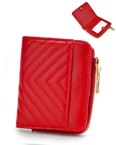 Image of Small Bifold Wallets Woman RFID Mini Wallet for Women Slim Card Holder with Zipper Coin Pocket & 2 ID Windows (Red)