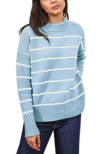 Image of Women's Sweaters Casual Long Sleeve Mock Neck Drop Shoulder Tunic Striped Pullover Knit Sweater Tops