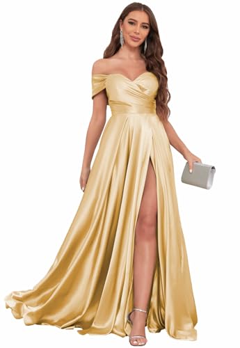 Image of SOLODISH Off The Shoulder Satin Prom Dresses for Women Long Formal Evening Party Dress with Slit
