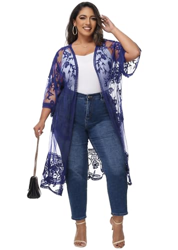 Image of Anna-Kaci Women's Plus Size Lace Cardigan Embroidered Long Kimono Dusters with Half Sleeves