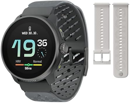 SUUNTO Race S GPS Sports Watch, 1.32" AMOLED Touchscreen w/Crown Titanium Graphite & SUUNTO 22 ATH6 Silicone Strap Powder Gray S+M
