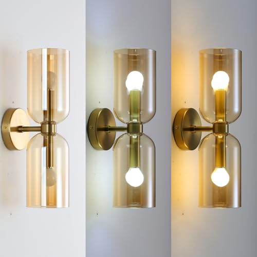 Image of EFINEHOME Minimalist 2-Light Gold Wall Sconces with Cylinder Glass Shades- Mid Century Vanity Wall Double Lights Hardwired- Modern Indoor Glass Wall Mounted Art Decor Lights (Amber, 1 Pack)