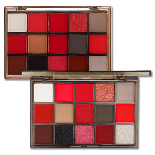 Erinde Red Eyeshadow Palette, 15 Colors Burgundy Gray Silver