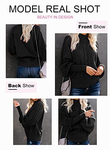Dokotoo Womens Turtleneck High Neck Cable Knit Balloon Ribbed Sleeve Sweaters Solid Autumn Fashion Pullovers Sweaters Outerwear Jumpers Black Xl #TOP3