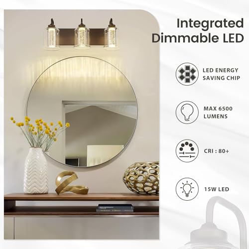 Image of zeyu 3-Light 15W LED Vanity Light with Crystal Bubble, 20.5 Inch Bathroom Vanity Light Fixtures with 5 Colors Modes, Oil Rubbed Bronze Finish with Clear Glass, ZSL72B-3W LED ORB-1