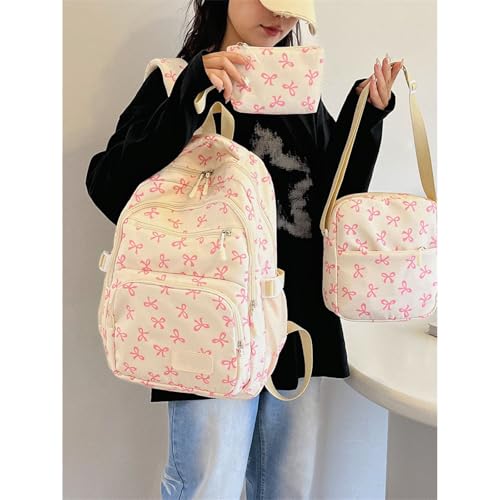 Bow Backpack for Girls, Nylon Bow Backpack Cute Kawaii Backpack 3Pcs Set with Crossbody Bag and Pouch (Rose red)2