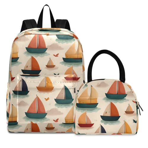 Anime Boats Print Backpack Set with Lunch Bag, Large Capacity Travel Backpacks and Lunch Box Insulated for Commute Hiking Picnic