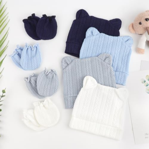 Image of BQUBO Newborn Baby Hats Bear Ears and Mittens Sets Preemie Caps Baby Boy Girl Infant Hospital Beanie for 0-3 Months