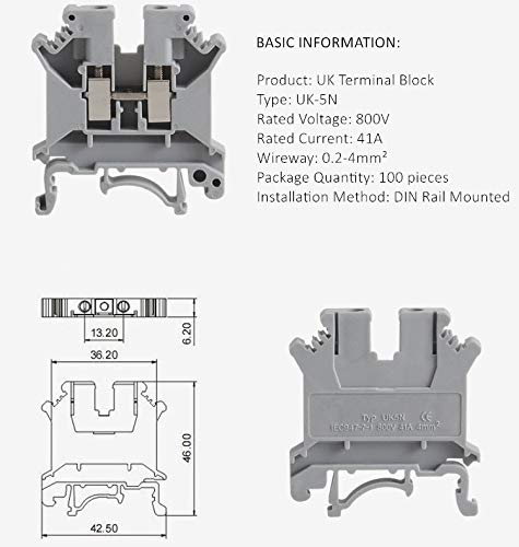 100 Pcs UK5N DIN Rail Terminal Block Screw Clamp Connector 800V 41A - Grey