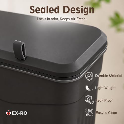 Image of TEX-RO Hanging Dustbin for Kitchen with Lid, 9L Wall Mounted Dustbin for Home with 2-Way Lid Opening, No-Drill Cabinet Door Hanging Trash Can, Plastic Waste Bin for Bathroom Bedroom Office (Black)