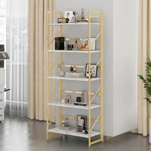 Image of JSB 5 Tier No Assembly Folding Bookshelf, Foldable Storage Bookcase for Home Office, Space-Saving Storage Shelf for Living Room, Bedroom, Office (White&Gold)