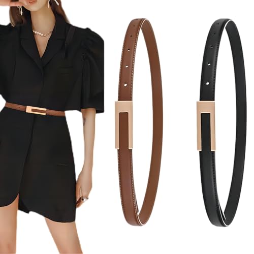 MAIHUO 2 Pcs Womens Belt, Girls Thin Beltt,Adjustable Belt Women, Brown Belt Womens,White Lock Belt,Black Elastic Belts for Women,PU Leather Belt (Thin black and brown)