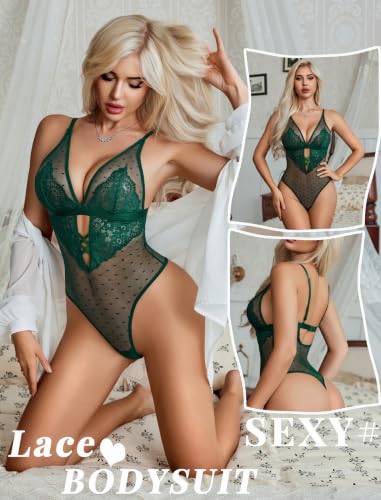 Avidlove Women's Lingerie Deep V Teddy Lingerie Sexy Lace Bodysuit One Piece Mini Babydoll Green — view 2