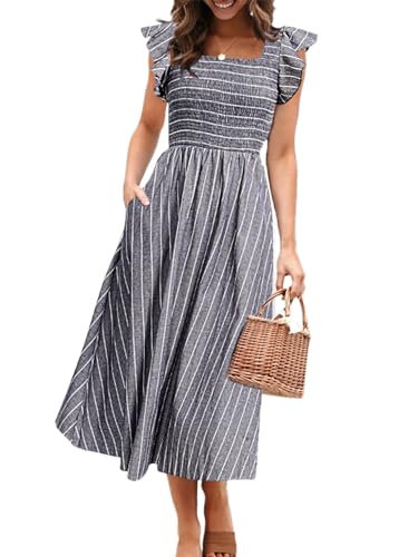 Miessial Womens Summer Linen Midi Dress Elegant Square Neck Smocked Dress Boho Beach Wedding Guest Dresses with Pockets Grey,XL