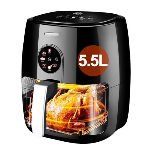 Freidora sin aceite air fryer 5,5 L XXL, conjunto de fritadeira a ar com ecrã tátil, temporizador e controlo de temperatura, fritadeira a ar quente, 6 programas,1500W,para 3-5 Personas,Negro