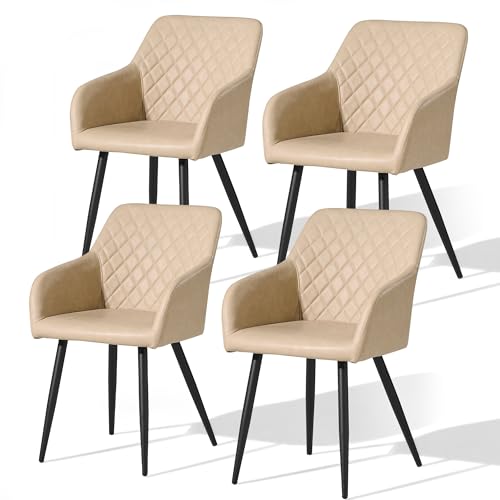 Image of CLIPOP Dining Chairs Set of 4 Kitchen Chairs with Arms and Metal Legs, Upholstered Armchairs for Living Room Dining Room Lounge, Faux Leather, Light Grey