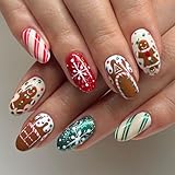 Christmas Press on Nails Short Almond Fake Nails with Gingerbread Man Designs Nails Press Ons Snowflake Glue on Nail Full Cover Christmas Acrylic False Nail for Women 24Pcs