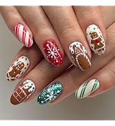 Christmas Press on Nails Short Almond Fake Nails with Gingerbread Man Designs Nails Press Ons Sno...