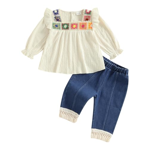 VISGOGO Baby Girl Outfit Crocheted Floral Top Linen 12 18 24M 2T 3T 4T Todder Clothes Tops + Tassel Denim Pants Set