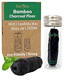 Charcoal Bamboo Floss | 2 Natural Floss Refill with Glass Container | Organic Mint & Candelilla Wax | Vegan & Biodegradable | Compatible w/Similar Dental Floss Silk Refill Containers