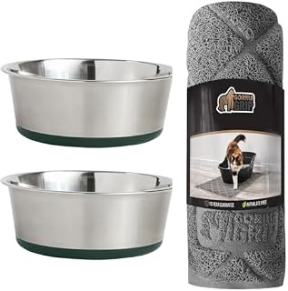 Gorilla Grip Stainless Steel Dog Bowl Set of 2 and Cat Litter Box Trapping Mat, 2 Cup Heavy Duty Rubber Base Stainless Steel Bowls Hunter Green, 24x17 Textured Backing Litter Mat Gray, 2 Item Bundle