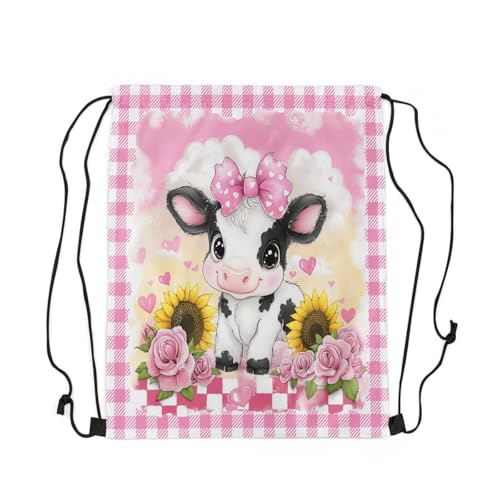 Cute Bowknot Cow Drawstring Bag 13"x16" Cartoon Rose Sunflowers Wild Animal Drawstring Backpack for Gym Travelling Pink Plaid Hearts Rustic Style Water Resistant String Bag Sports Sackpack2