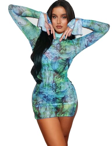 Lancifolium Women's Sexy Mock Neck Mesh See Through Bodycon Sleeveless/Long Sleeve Mini Party Dress