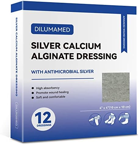DILUMAMED Silver Calcium Alginate Wound Dressing 4"x4"(Pack of 12), High Absorption Bandage Patch for Bed Sore, Pressure Sore, Leg Ulcer, Diabetic Foot Wound Care