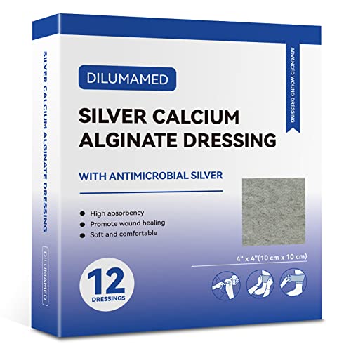DILUMAMED [Pack of 12] Silver Calcium Alginate Wound Dressing 4"X4" Patch High Absorption Bed Sore Bandages for Pressure Sore, Leg Ulcer, Diabetic Foot Wound Care