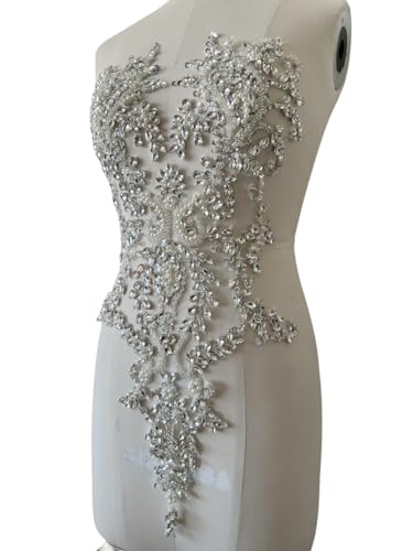 Handmade Shiny Rhinestones Applique handsewing Beaded Sequins Crystal on lace Trim Patches for Prom Dress Clothing Decorative Accessories (Silver)