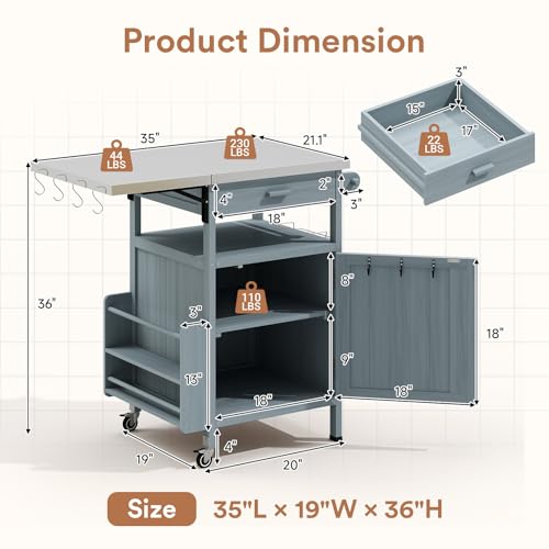 Zevemomo Outdoor Grill Cart with Drop Leaf, Stainless Steel Tabletop Outdoor Kitchen Island, Solid Wood Outdoor Buffet Cabinet with Drawer, Towel Rack, Lockable Wheels for Grilling, Gray-Blue by Zevemomo - Image 2
