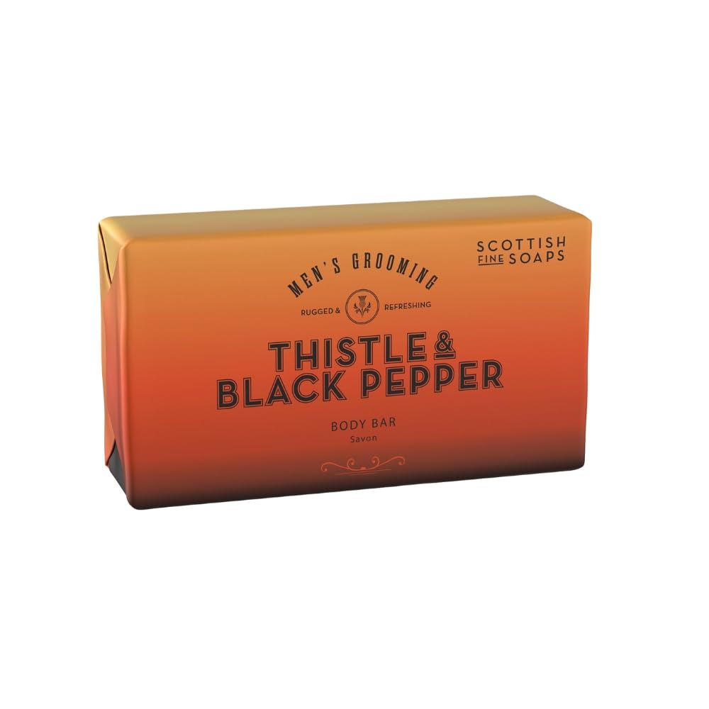 Scottish Fine Soaps Thistle & Black Pepper Body Soap Bar 220g – Men's Grooming Hydrating Glycerine Soap with Bold Black Pepper Fragrance
