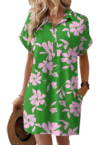 Image of HOTOUCH Womens Summer Shirt Dress 2026 Short Sleeve Floral Shift Dress Casual Loose Flowy Beach Sundress with Pockets