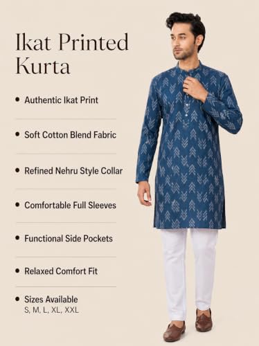 Image of Studio Shringaar Men's Cotton Blend Relaxed Fit Ikat Printed Knee Length Kurta