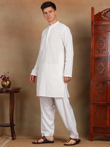 Image of See Designs Men's Full Sleeve Mandarin Collar Chikankari Embroidered Straight Kurta with Salwar