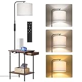 OUTON Floor Lamp with Table, End Table with Lamp Attached for Bedroom, Type C Charging Port, AC Outlet, Side Table with Lamp for Living Room, Nightstand with Drawer, Dimmer & 4 Color Temperature