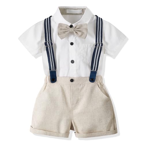 Image of Volunboy Baby Boy Formal Short Set Toddler Summer Gentleman Outfit Kid Short Sleeve Bowtie Shirt Suspender Shorts Suit