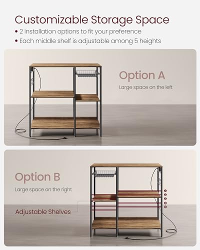 Image of VASAGLE Baker's Rack, Coffee Bar Stand with Charging Station, Storage Shelves, Pull-Out Wire Basket, Table for Microwave, Kitchen, Rustic Walnut UKKS036K41, 15.7 x 35.4 x 35.6 Inches