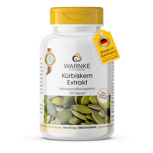 Kürbiskern-Extrakt 500mg - 100 Kapseln - Kürbiskern Plus Vitamin E Zink & Selen - hochdosiert | Warnke Vitalstoffe - Deutsche Apothekenqualität