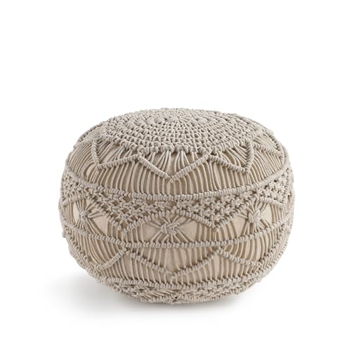 Image of LANE LINEN Pouf Ottoman - Hand Knitted Ottoman Foot Rest, Large Round Pouf, Poufs for Living Room, Bean Bag Ottoman, Floor Pouf, Macrame Chair - 20 Diameter x 14 Height - Mystic Pure Natural