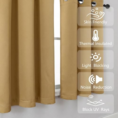 Image of Simplebrand Gold Window Valance for Kitchen 14 Inches Long 2 Panels Set, Room Darkening Valance Curtains for Living Room, Grommet Short Privacy Kitchen Curtains for Bedroom Kids Room, 40Wx14L