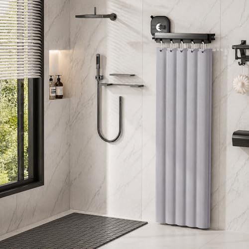 Duschvorhangstange - Ohne Bohren L/U Form Faltbar 3 Fold - Duschstange Shower Curtain Rail Flexibel Winkelverstellbar - Duschvorhang mit Starkem Saugnapf Stabile Bad Ecklösung Wasserdicht Wohnmobil