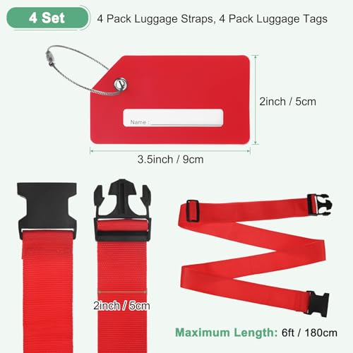 Image of M METERXITY 4-Sets Luggage Straps TSA Approved, Travel Straps for Luggage Suitcase Tags Set, Adjustable Suitcase Belt [Red]